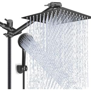 Shower Head Combo,10 Inch High Pressure Rain Shower Head with 11 Inch Adjustable Extension Arm and 5 Settings Handheld Powerful Shower Spray Against Low Pressure Water - Matte Black