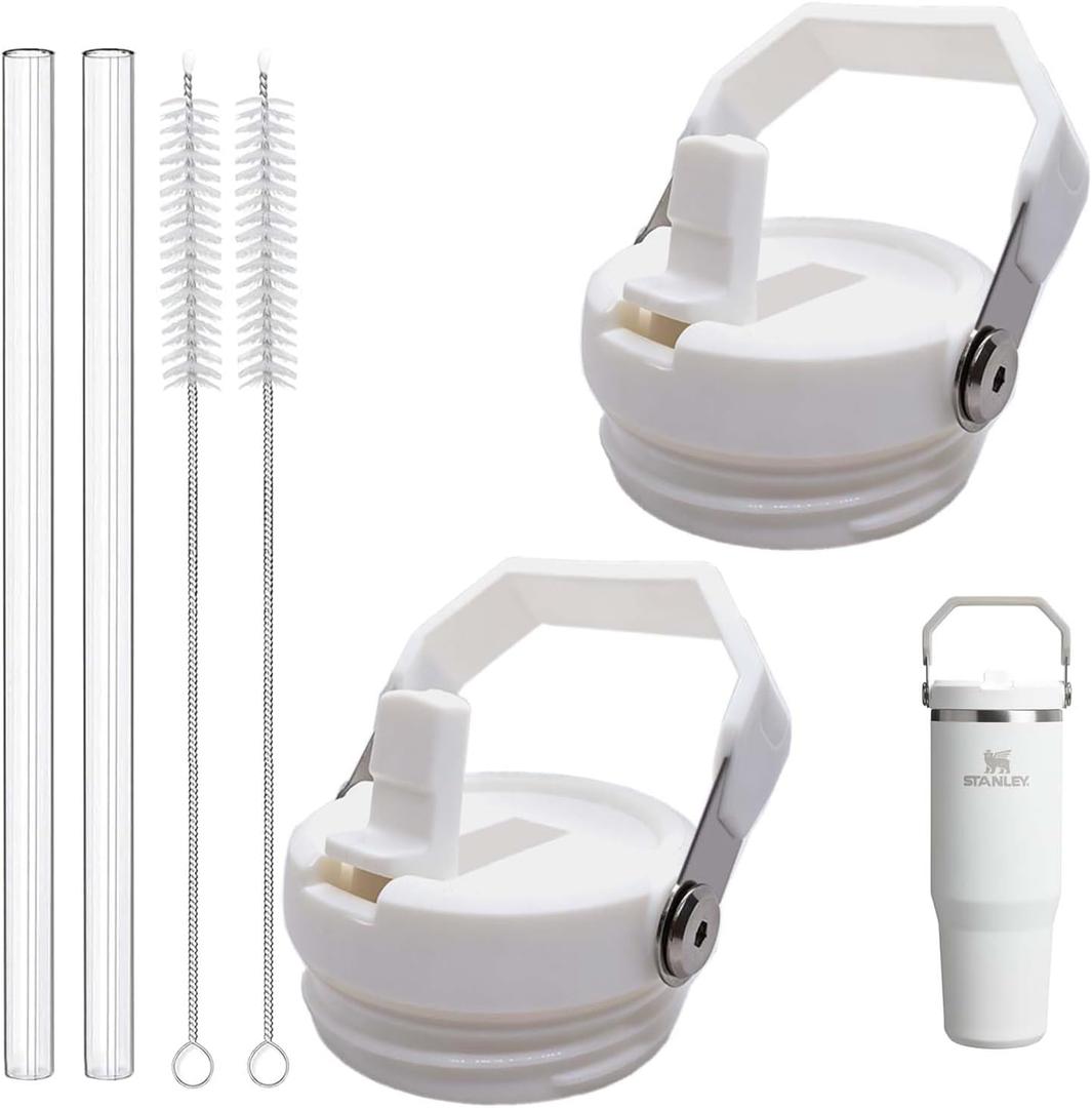 2-Pack Replacement Flip Straw Lids for Stanley IceFlow Tumbler 30oz and 20oz, Spill-Proof Cap with 2 Reusable Straws & 2 Cleaning Brushes, BPA-Free, Easy to Clean(White)