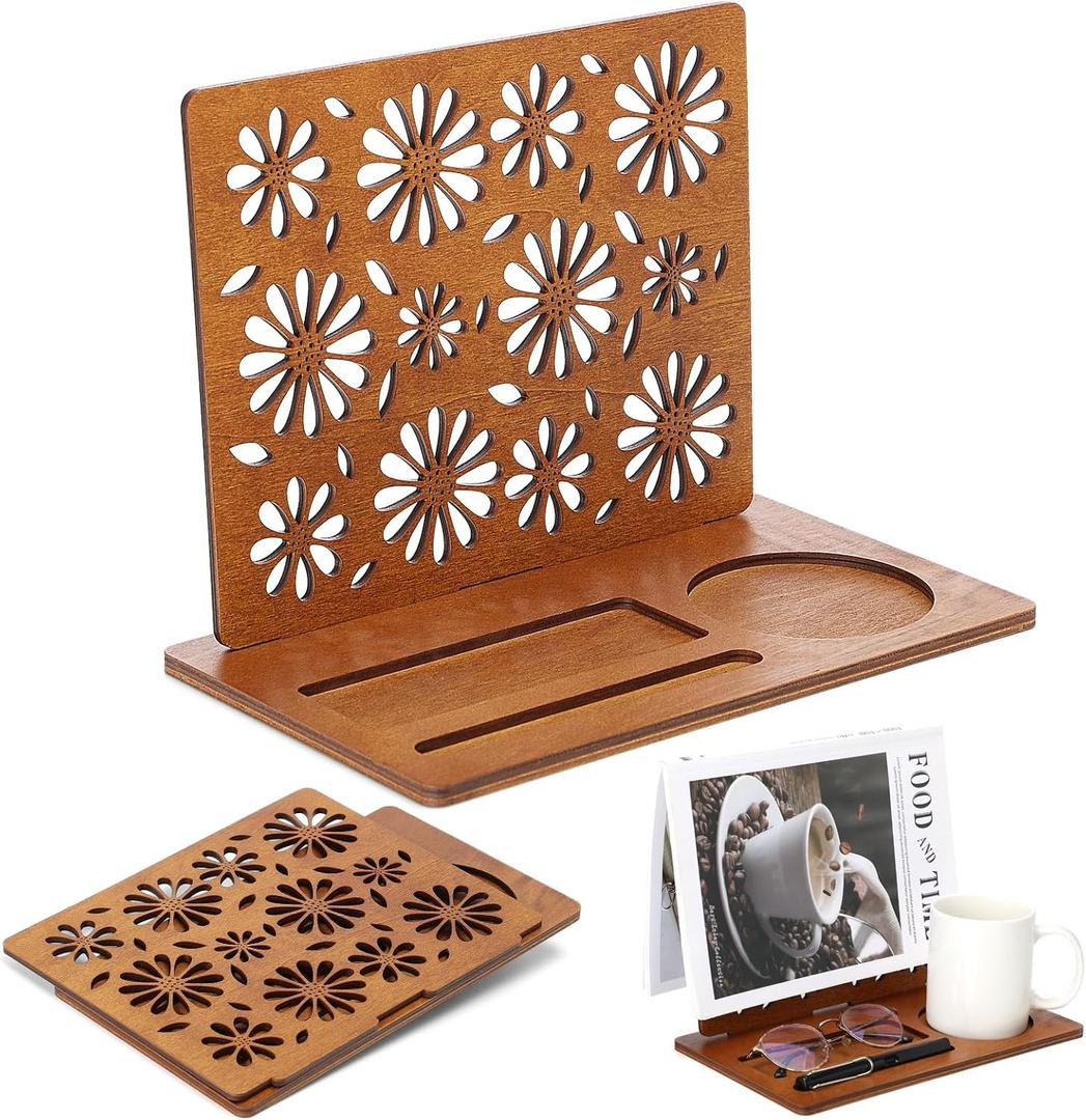 Huray Rayho Book Holder Wooden Book Stand for Reading Rest Page Marker Nightstands Organizer with Cup Mug Glasses Pen Holder Book Lovers Gift for Readers LibrarianTeachers Students Birthday Present