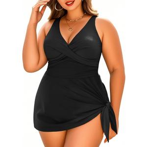 Daci Plus Size One Piece Swimsuits for Women Flowy Asymmetrical Hem Swim Dress with Shorts Built in (24 Plus, Black)