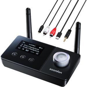 SOOMFON Dual Antenna Bluetooth Transmitter for TV Bluetooth 5.3 Receiver 3-in-1 to 2 Headphones with LCD Display Volume Control Optical AUX RCA for TV Home Stereo Speaker