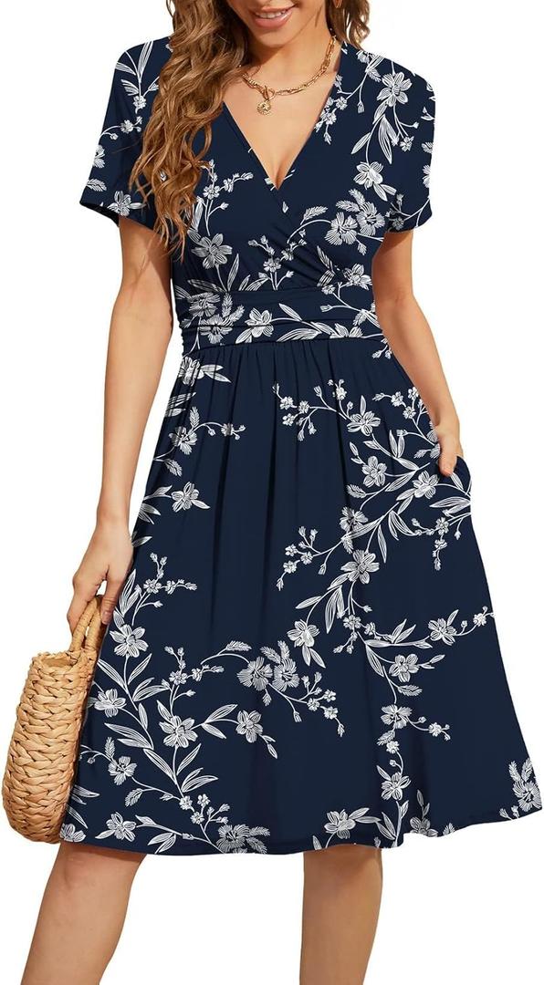 WEACZZY Women's Summer Short Sleeve Casual Dresses V-Neck Floral Party Dress with Pockets (L)