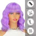 Purple Wig with Bangs Short Light Purple Wigs for Women, Lavender Purple Bob Wavy Wig Synthetic Cosplay Wigs for Party Halloween Party