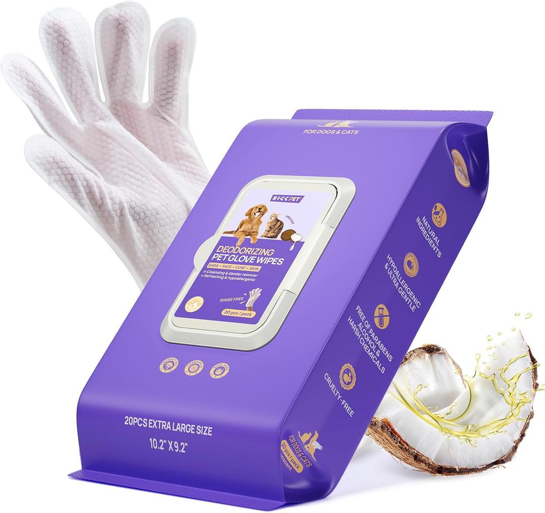 HICC PET Cleaning Deodorizing Glove Wipes for Dogs & Cats, Vet Recommended Hypoallergenic Pet Cleaning and Hydrating Glove Wipes, Nourish Fur Coconut Oil Pet Bathing Wipes for Horse Coat Care (20 PCS)