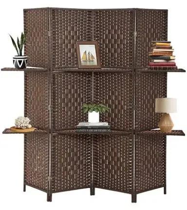 4 Panels Room Screen Divider Hand-Woven Design Room Divider 6 Ft High Fiber Freestanding Privacy with Wooden Removable Storage Shelves Screen Suitable for Living Room and Study, Brown