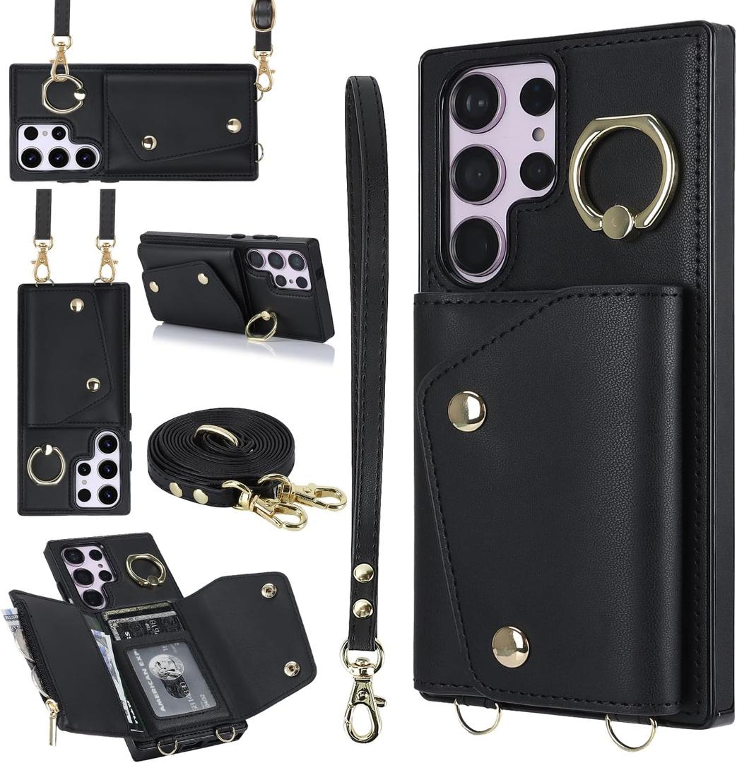 UEEBAI Crossbody Wallet Case for Samsung Galaxy S23 Ultra 5G, Card Slot Phone Case with Zipper Pocket Kickstand Purse Hand Strap Cover with Removable Crossbody Wrist Strap Flip Case - Black