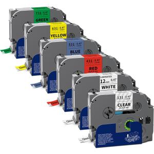 Labelwell 6-Pack TZe 12mm 0.47 Laminated Multi Color Compatible for P Touch Label Tape TZ TZe-231 131 431 531 631 for P Touch PT-H110 D210 D220 PT-H103W, Clear/White/Red/Blue/Yellow/Green