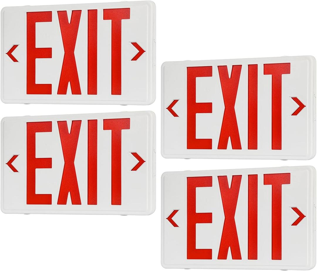 Exit Sign with Battery Backup,Commercial Exit Signs, Red Emergency Exit Light,Combo for Business,Dual-Sided, UL Certified, 120V/277V AC,4 Pack (White Housing+Red Letter)