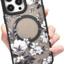 Compatible with iPhone 13 Pro Max Magnetic Matte Translucent Case,Luxury Shockproof Magnetic,Cute Flower Pattern Hard Back Cover iPhone 13 Pro Max Case for Women Girls-Black Floral