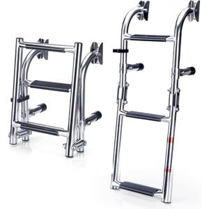 Marinebaby Stainless Steel Folding Boat Boarding Ladder for Pontoon,2+1 Steps Ladder Stern Mount W Rubber Grips,3 Steps Portable Folding Boat Ladder