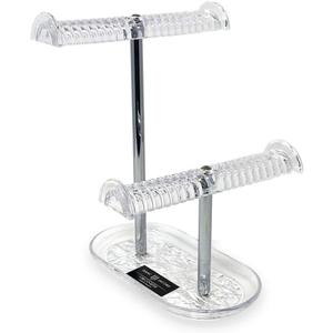 Isaac Jacobs 2-Tier Clear Acrylic Necklace & Bracelet Holder (10.25 H & 5.25 H), Double T-Bar Hanging Chain Organizer, Sleek & Sturdy Jewelry Stand & Tray for Rings, Bedroom, Bathroom