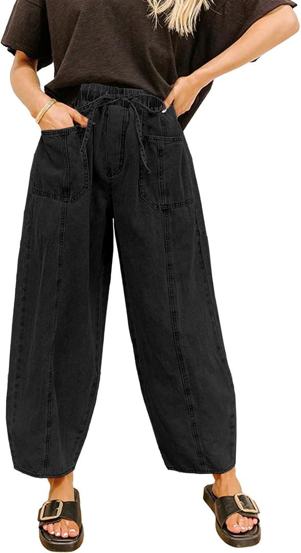 Sidefeel Womens Baggy Wide Leg Jeans Elastic Waist Drawstring Front Seam Ankle High Waisted Barrel Jeans, Size 12