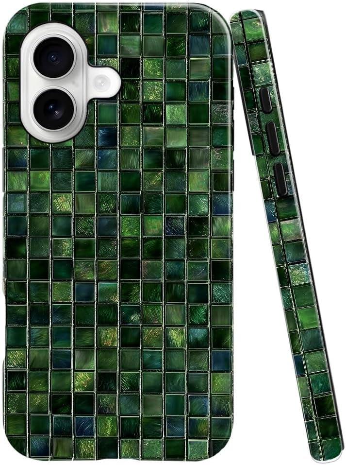 DJSOK Compatible with iPhone 17,Glossy PC Anti-Scratch Shockproof Case - Aesthetic Toned Tiles Green Glass