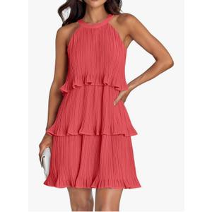 ZESICA Women's 2025 Summer Halter Dresses Sleeveless Ruffle Tiered Layered Chiffon Pleated A Line Swing Mini Dress M ZESICA Women's 2025 Summer Halter Dresses Sleeveless Ruffle Tiered Layered Chiffon Pleated A Line Swing Mini Dress M