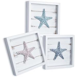Tide and Tales 3D Starfish Wall Art (Framed Set of 3) Coastal Theme Wall Hanging Decoration for Bathroom or Tropical Bedroom, Ocean Inspired Seashell Decor for Home or Beach House (7"x 7")