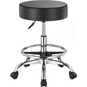 VEVOR Rolling Stool with Foot Rest and Wheels, 450 LBS Weight Capacity Round Rolling Stool Chair, Height Adjustable Thickened PU Leather Swivel Stool for Salon, Spa, Massage, Tattoo, Clinic, Black