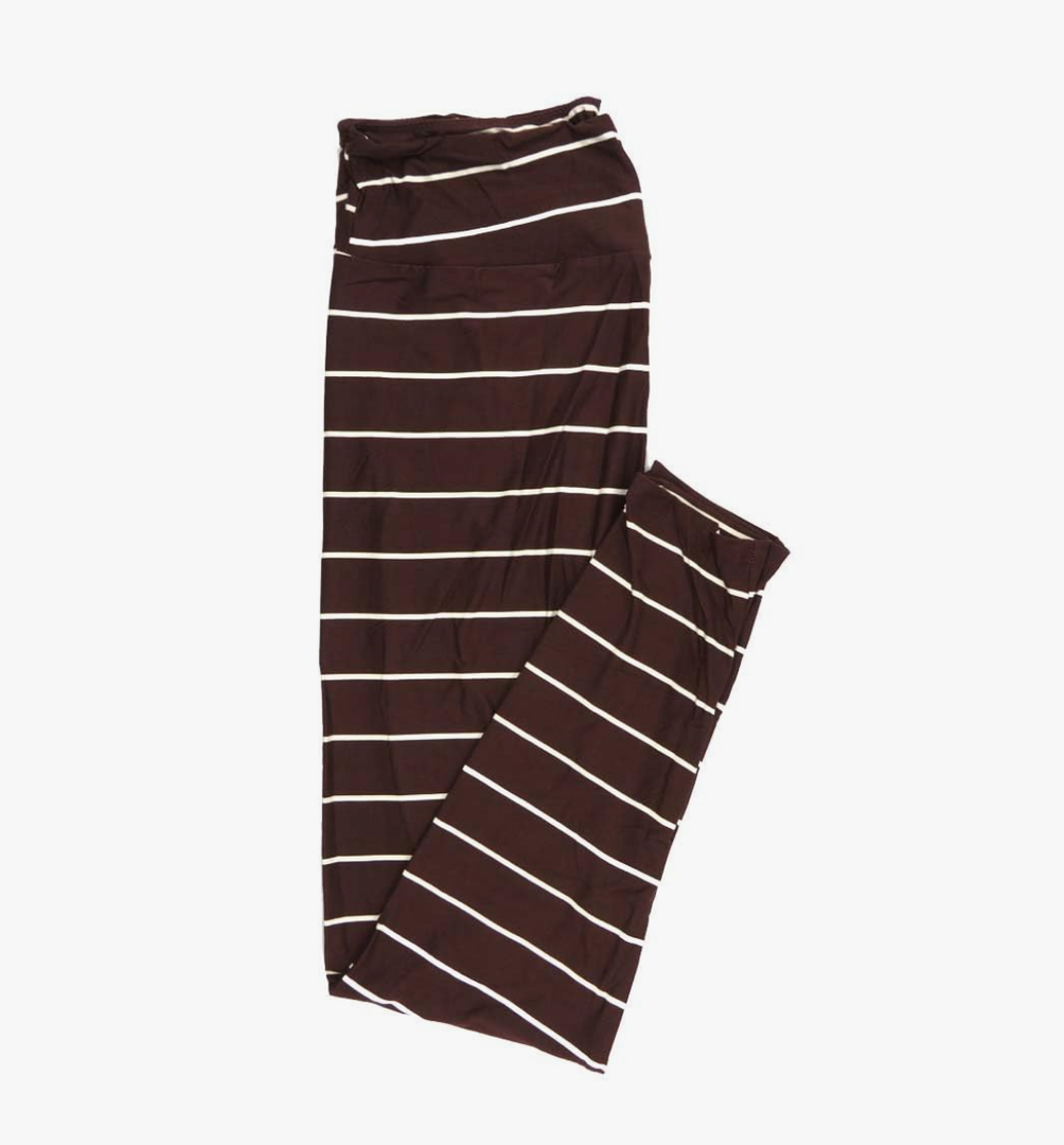 Lularoe Tall Curvy (TC fits Sizes 12-18) Stripe Maroon Cream Buttery Soft Adult Leggings 7524-B5, Pack Of 3