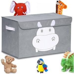 QUOKKA Hippo Toy Storage Box for Boys and Girls - 16x12x10 Toy Chest Organizer for Kids - | Collapsible | Handles | Flip-Top Lids | - Fabric Foldable Bin for Playroom - Nursery Room Organization