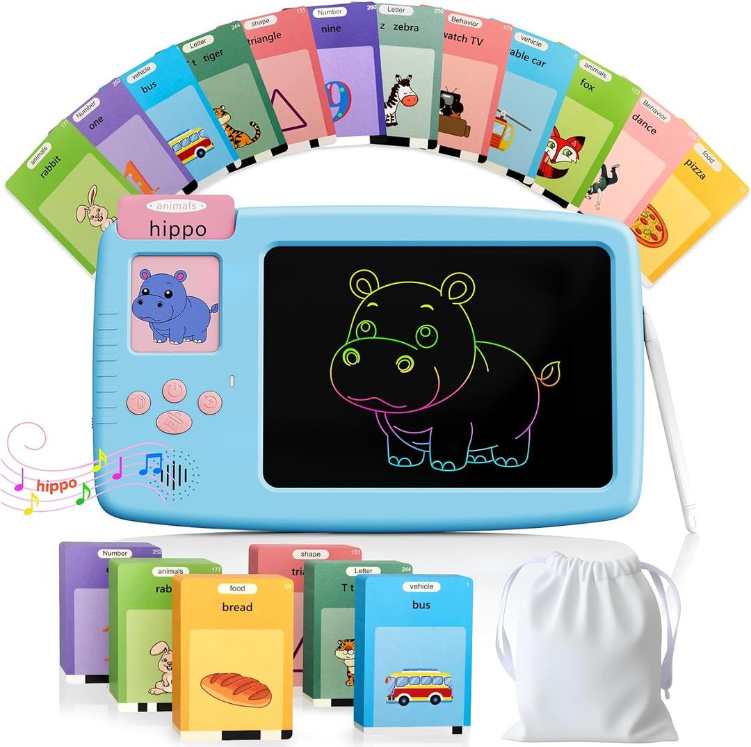 Talking Flash Cards for Toddlers: 2-in-1 LCD Writing Tablet with 510 Sight Words, Montessori Language Learning, Autism & Speech Therapy Toys for Children Ages 1-6, Blue