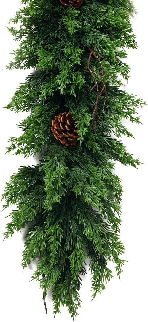9 Ft Christmas Cedar Garland - Cypress Garlands,Artificial Real Touch Pine Garlands - Garland Xmas Decorations for Table, Mantle, Wall, Indoor, Outdoor Christmas Decorations