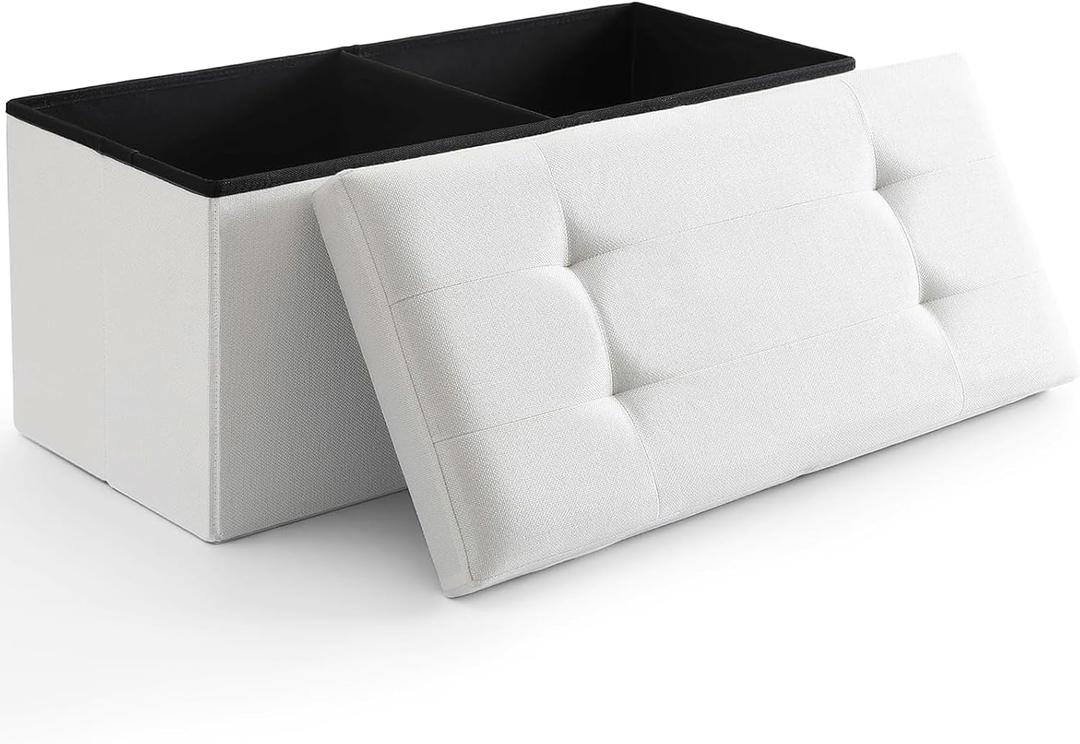 Storage Ottoman Bench Foldable Seat Footrest Shoe Bench End of Bed Storage with Flipping Lid, 75L Storage Space, 30 inches Linen Fabric White, OT026WS