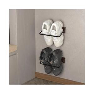 2-Pack Wall Mounted Shoe Rack, Wooden & Metal Foldable Shoe Rack - Space Saving Wall Shoe Holder for Entryway, RV, Camper, Closet, Apartment, Fits Various Shoes-Brown