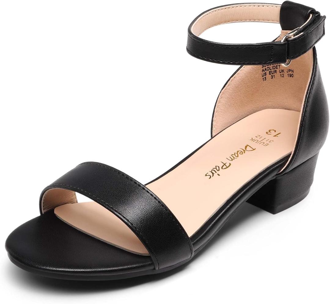 DREAM PAIRS Girls Sandals Low Heel Dress Pump Ankle Strap Interchangeable Bow Flower Wedding Party Shoes SDSD2320K BLACK Size 5 Big Kid