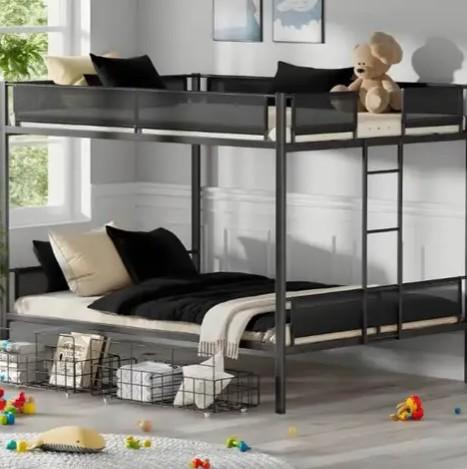 Queen Over Queen Bunk Bed, Metal Bunk Bed Frame Heavy Duty Bunk Beds Loft Bed Frame with Ladder and Guardrail Metal Slats No Box Spring Required for Adults Teens, Black