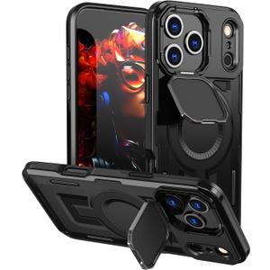 Designed for iPhone 17 Pro Max Case, Full Camera Protection, Built-in Invisible Kickstand, Heavy Duty Rugged Case with Dual-Layer Shockproof, Wireless Charging Compatible (Black)