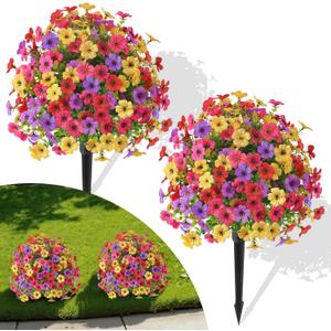 Alupssuc 2Pcs 20" Artificial Topiary Ball Flowers For Outdoors Planters, Spring Decoration with Spike, UV Resistant Faux Summer Plants, Fake Bushes Indoor Decor, Mix 4 Colors for Garden, Porch & Patio, Color: Red Rose Purple Yellow