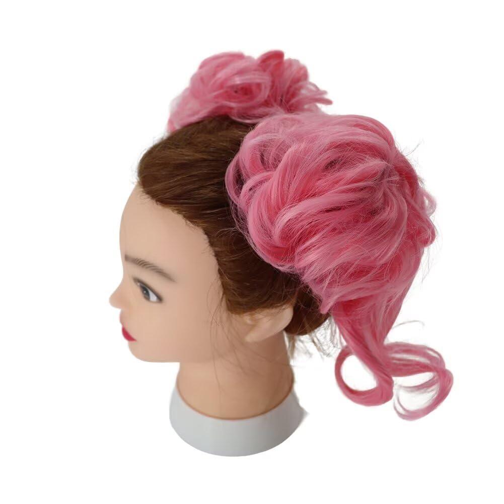 Pink Hair Bun Extensions Hairpiece Wavy Curly Messy Donut Chignons Hair Pieces Wig Synthetic Hair Buns with Tendrils for Girl Women Lady 2pcs/package 2311#