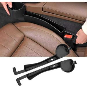 Car Seat Gap Filler Organizer, 2PCS Car Seat Gap Plug with Storage Slot, 3-in-1 Seat Gap Filler with Cup Holder & Hooks, Car Interior Organizer for Sedans SUVs Trucks, Black (2)