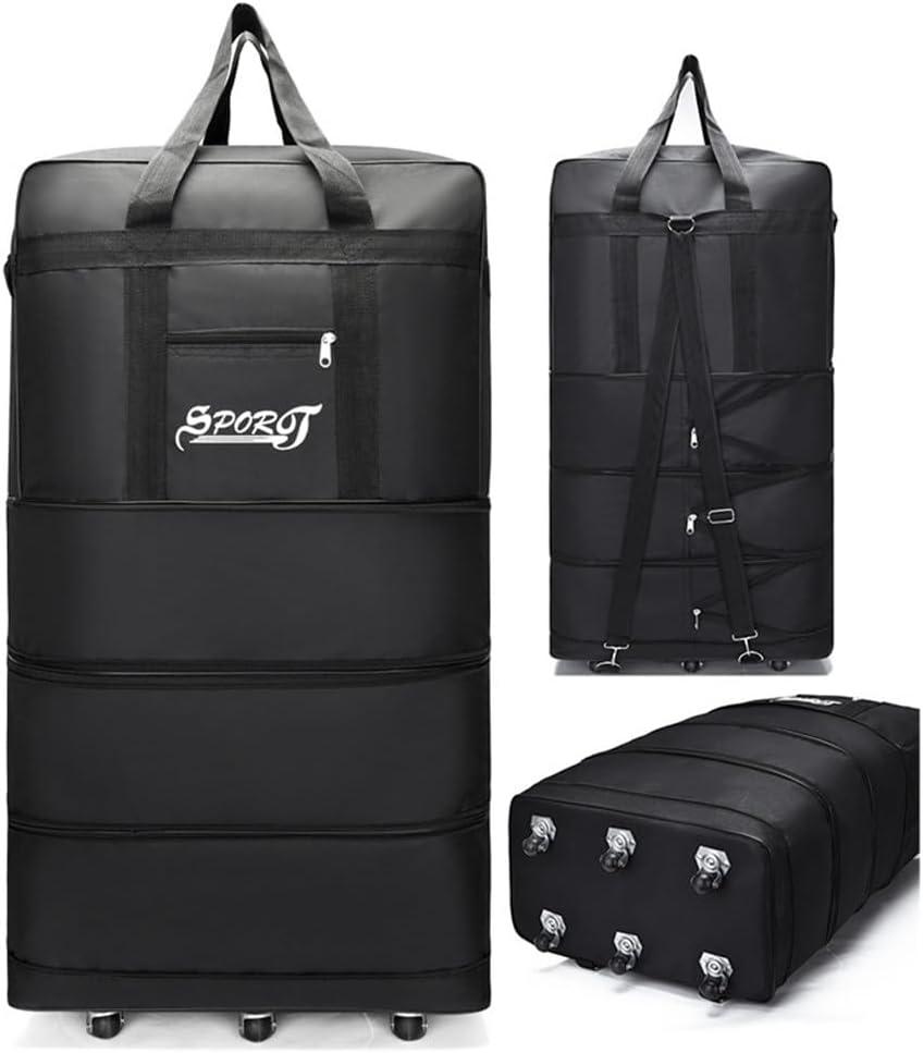 Expandable Extra Large Travel Oxford Duffel Bag with Wheels Waterproof Lightweight Traveling Foldable Suitcase (Black, L - 6 wheels)