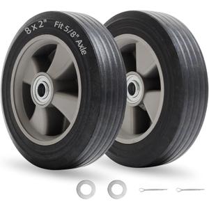 GICOOL 8" x 2" Flat-Free Solid Rubber Tire and Wheel with Ball Bearings and 5/8" Axle Bore Hole, 2" Offset Hub, For Hand Truck Dolly Trolley Garden Wagon Cart Generator Replacement Tire, 2 Pack