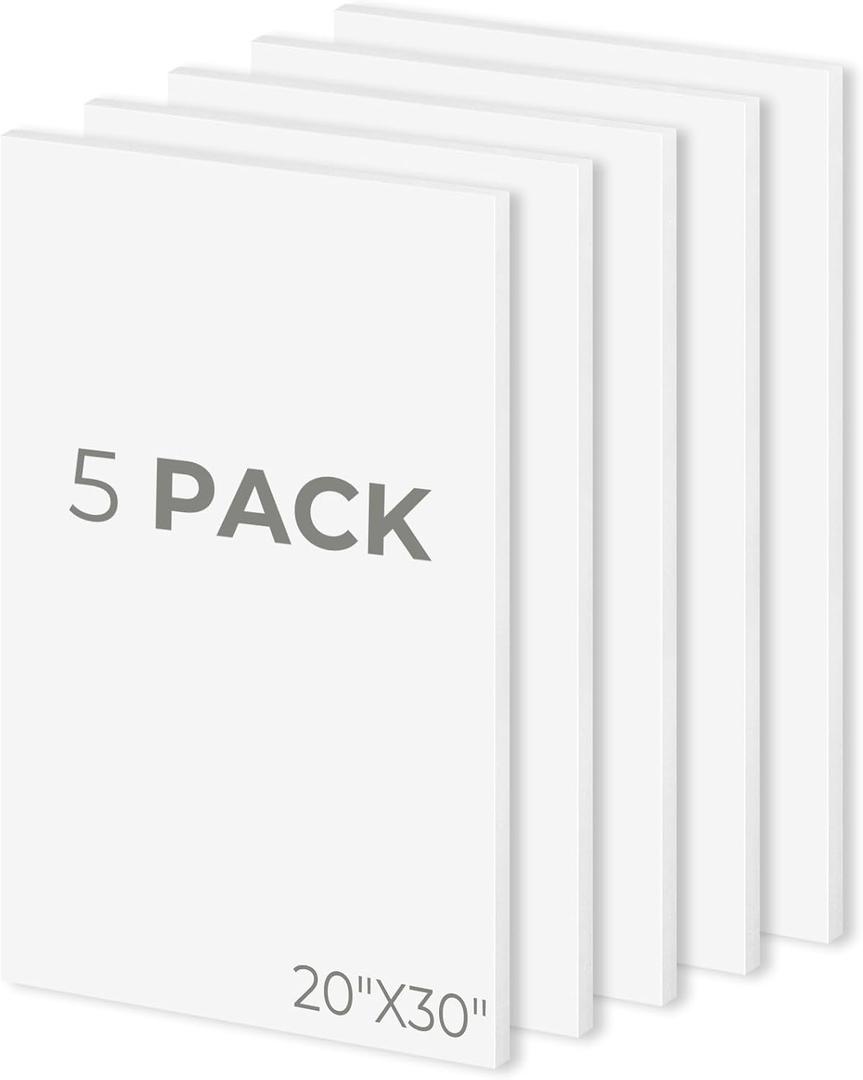 Mat Board Center 20x30 White Foam Boards Pack of 5, 1/8" Thick