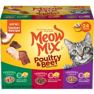 Meow Mix Tender Favorites Poultry & Beef Variety Pack, Wet Cat Food, 2.75 oz Cup (24 Pack) (EXP 02/26/27)