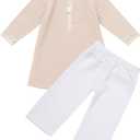 IDOPIP Muslim Baby Boys Outfits Embroidered Ramadan Eid Thobe Robe with Pants Long Sleeve Arabic Islamic Kaftan Abaya Clothes (2-3T, Apricot + White)
