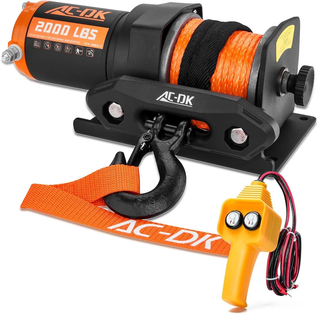 AC-DK 12V 2000-lb. ATV/UTV Electric Winch, Off-Road Synthetic Rope Winch for Trailer Boat RV Towing Winches, ATV/UTV Winch with Big Yellow Wired Remote and Winch Mounting Plate