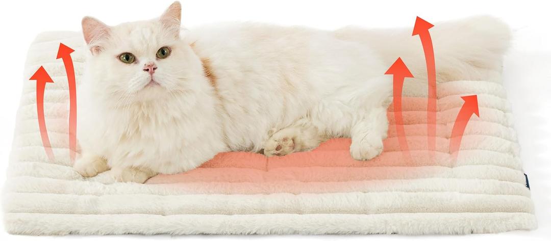 Bedsure ComfyFleece Self Warming Cat Bed, Small Self Heating Dog Crate Pad, Thermal Extra Warm Puppy Mat Indoor,Non-Slip & Washable, Not Electric, 24" x 18",White