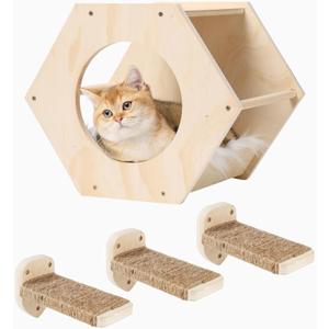 KATRIS Cat Shelves with 3 Steps Scratcher Post & Hammock, Wall Mounted Climbing Shelf for Indoor Cats (Wood)