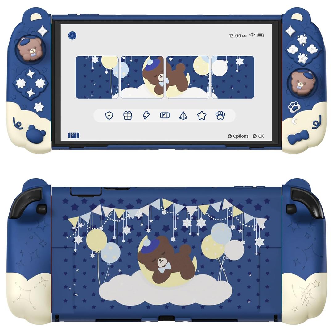 PlayVital Good Night Bear Dockable Case for Nintendo Switch 2 with Stand | Split Design Silicone Joycon Grips, PC Console Hard Shell, 2 Joystick Caps | Cute Protective Cover Bundle – Midnight Blue