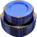 102PCS Blue Plastic Plates - Royal Gold Disposable Plates - Clear Blue Party Plate - Heavyweight Disposable Plate with Gold Rim - Fancy Dinner & Dessert Plates for 51 Guests Party Wedding