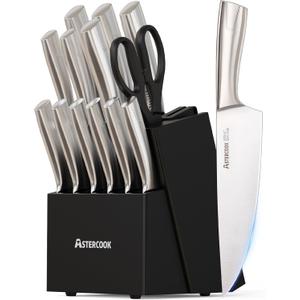 Astercook Knife Set Kitchen with Block and Sharpener Full Tang 15 Pcs Premium Stainless Steel Knives Dishwasher Safe Utensils Set with Ultra Sharp Blade and Anti-slip Ergonomic Handle, Elegant Black