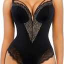 Popilush Lace Bodysuits for Women Corset Shapewear Tummy Control Body Suits V Neck Thong Underwired Outfits Side Zipper (M)