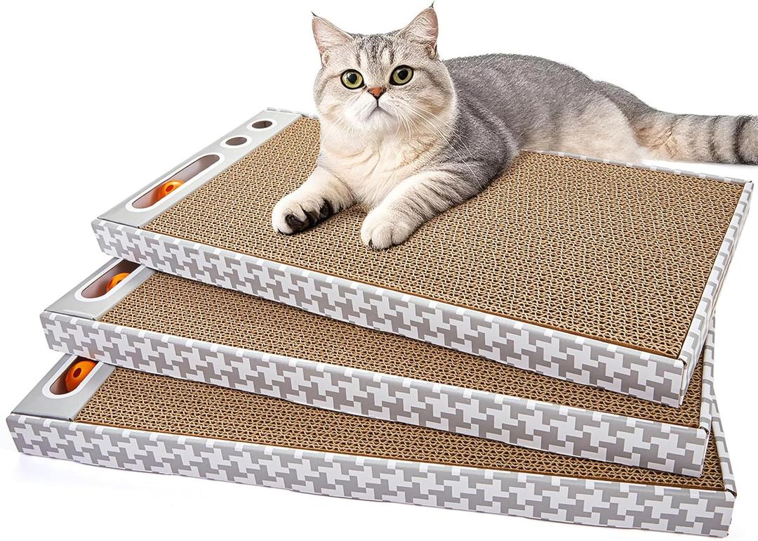 Cat Scratching Board 3 Pack  Reversible Cardboard Scratcher for Indoor Cats, Wide Boxed Scratch Pads with Bell Ball, Durable Corrugated scratchers as Furniture Protector