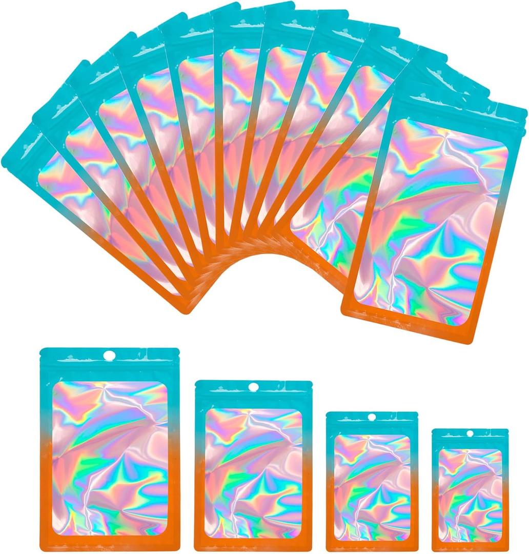 100 PCS Holographic Mylar Bags, Smell Proof Resealable Foil Pouches for Small Business, Food Storage, Jewelry, Candy & Sample Packaging (2.4"x3.9", Blue Orange)