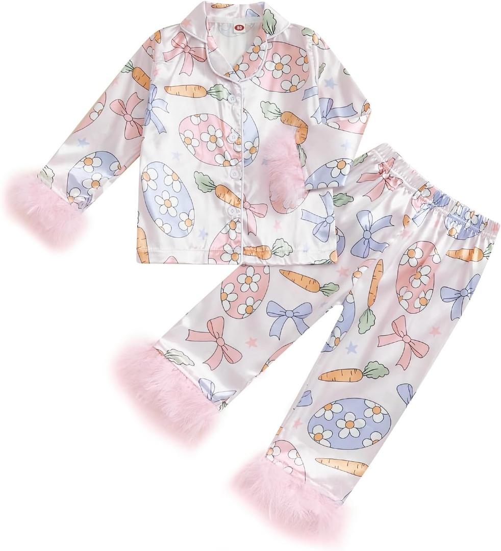 Ayalinggo Toddler Kids Baby Girl Solid Pjs Ruffle Long Sleeve Button Shirt Top and Pants Cotton 2Piece Pajamas Set (8-9 Years, Easter Egg Carrot Print)
