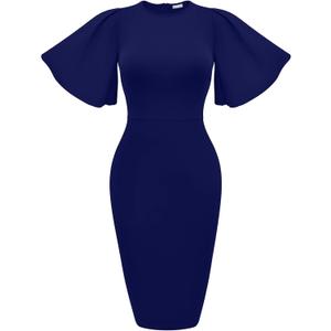 Memoriesea Women's Basic Bodycon Ruffle Flared Short Sleeve Pencil Midi Dress Navy Blue, XL