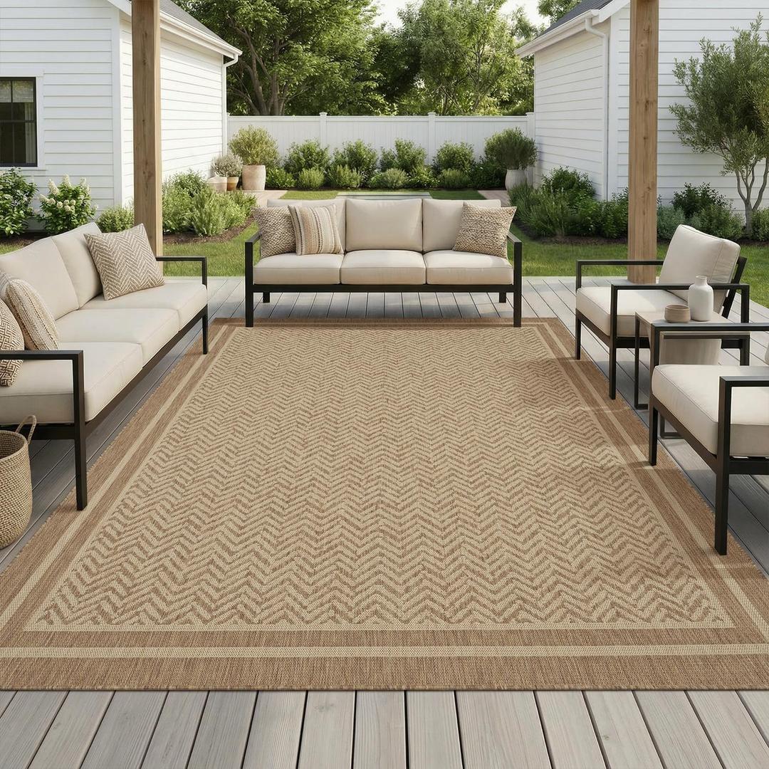 MontVoo-Outdoor Rug-Patio Rug 8x10 Polypropylene Indoor Outdoor Rug Outdoor Carpet for Patio Deck Balcony Porch, Textured Weave, Durable for High Traffic, Fade-Resistant, Boho Farmhouse Neutral Brown