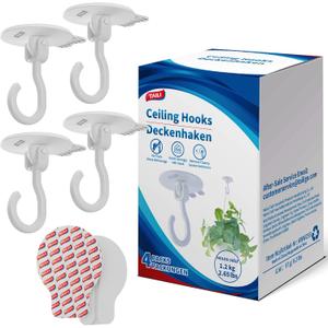 TAILI Adhesive Ceiling Hooks for Hanging Plants, Heavy Duty No-Drill Removable Sticky Wall Hooks Hanging Christmas Lights Garland Coat for Door Kitchen, Renter Friendly - 4 Pack White